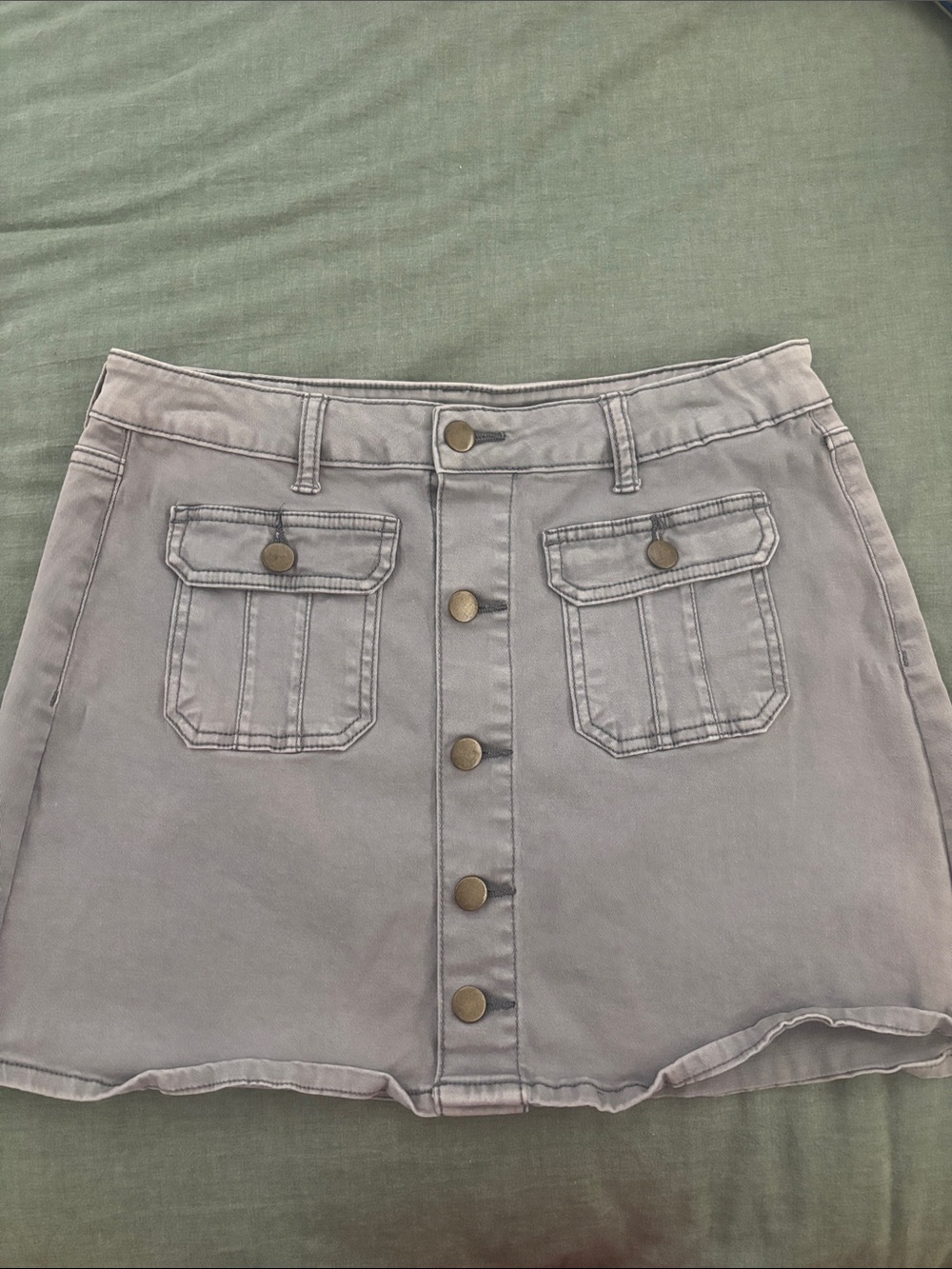 Altar'd State Light Gray Button-Front Mini Skirt